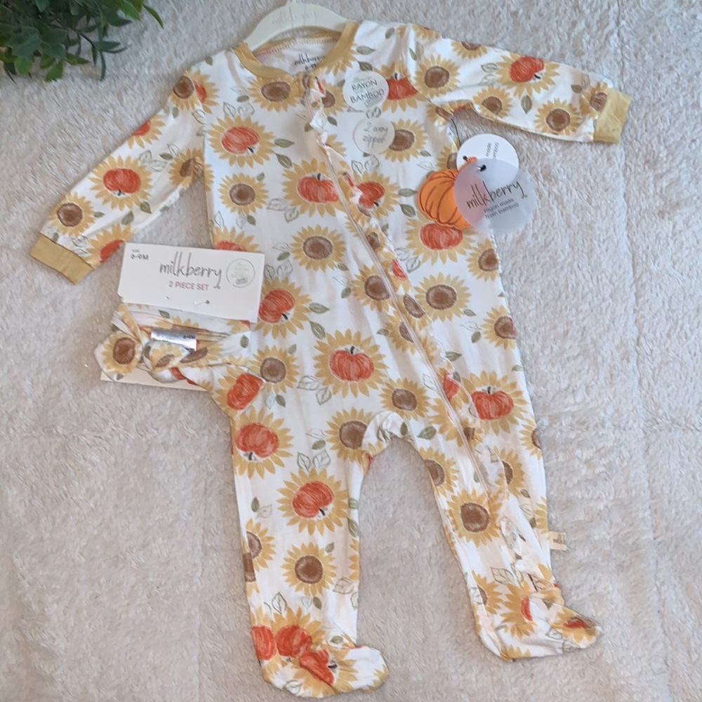 NWT Milkberry Ruffled Footie & Headband Set 6-9M Pumpkins & Sunflowers